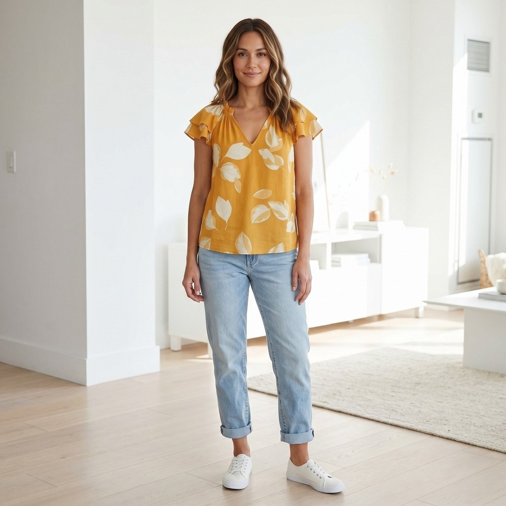 A New Day NWT Womens XS Yellow White Leaf Print Flutter Sleeve V Neck Rayon Top - Picture 3 of 8